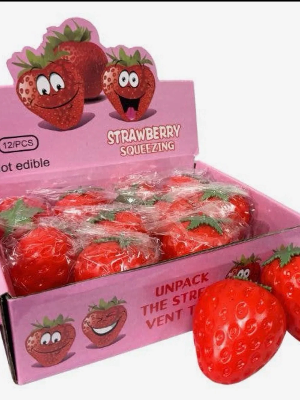 Strawberry Squeezing Stress Toy - Red with Green Leaf Detail 12 pieces full box